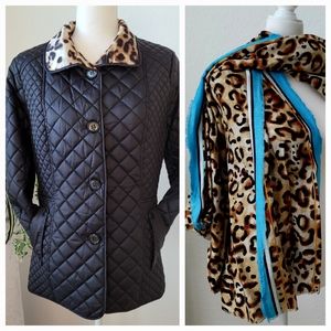 NWOT Laura Scott Black Quilted Leopard Trim Jacket with Scarf sz L